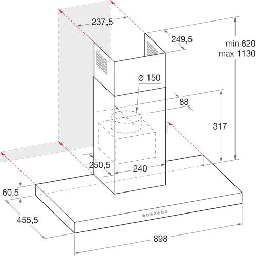 Exaustor de Parede Hotpoint HHBS 9.8F LT X | 115x90x45 cm | 757 m³ h | 65 dB | A | Aço inoxidável For Cheap