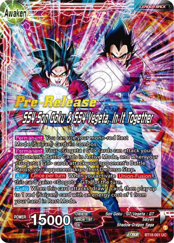 Son Goku & Vegeta    SS4 Son Goku & SS4 Vegeta, In It Together (BT18-001) [Dawn of the Z-Legends Prerelease Promos] For Discount